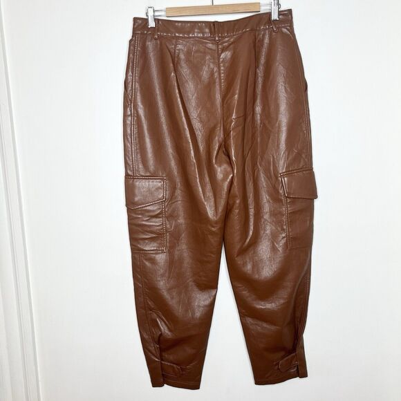Aritzia Wilfred Faux Leather Cargo Pants Brown Womens 12 Barrel Leg Vegan - Picture 5 of 10